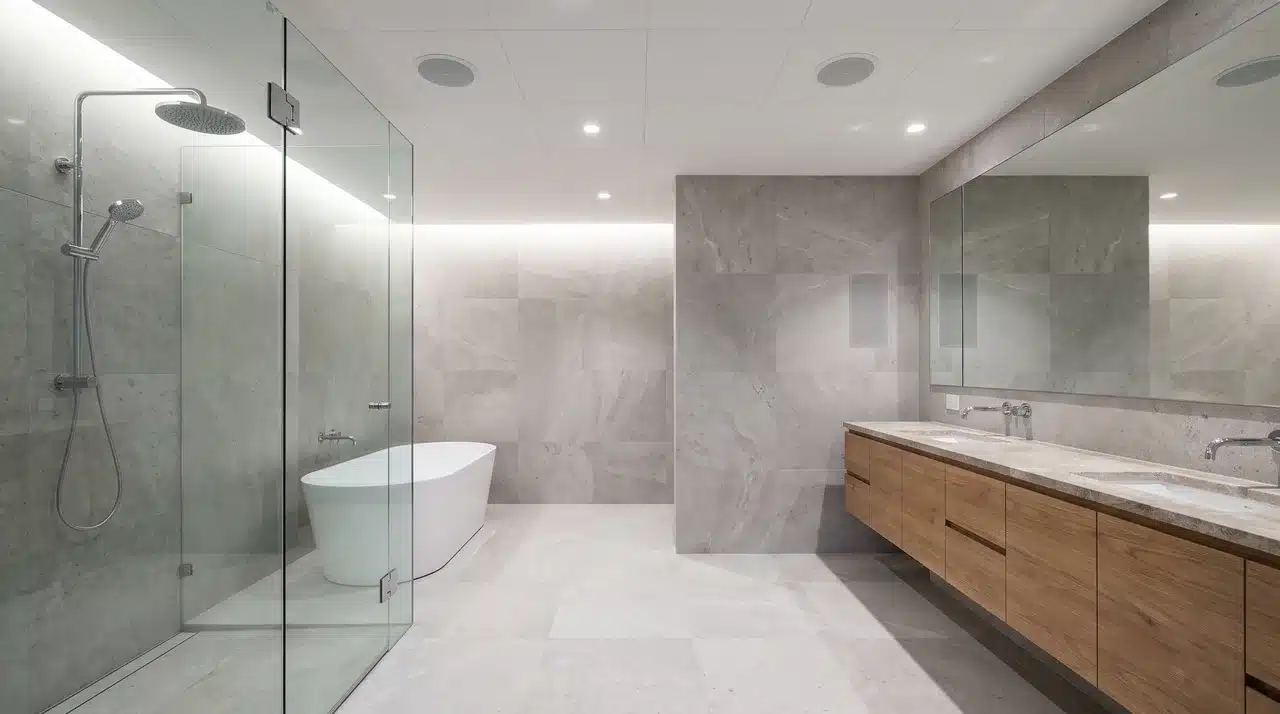 Full bathroom with moisture-rated speakers integrated into the ceiling or walls.