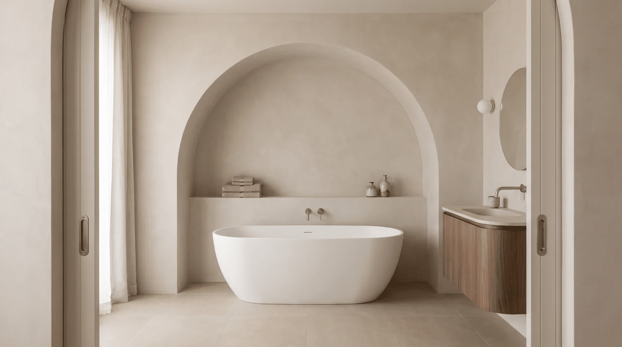 Full bathroom with one arched niche or curved vanity as the main architectural feature.