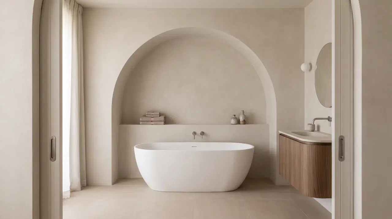 Full bathroom with one arched niche or curved vanity as the main architectural feature.