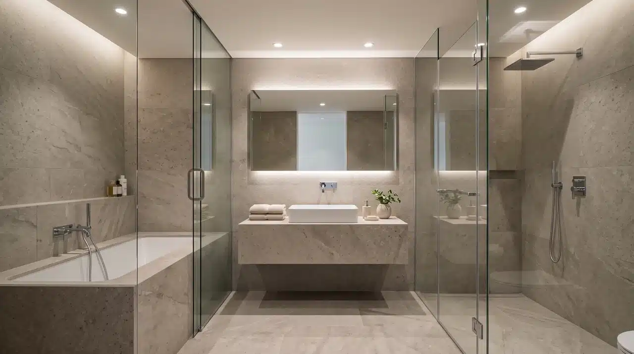 Full bathroom with textured natural stone slab walls and a matching countertop with minimal visible seams.
