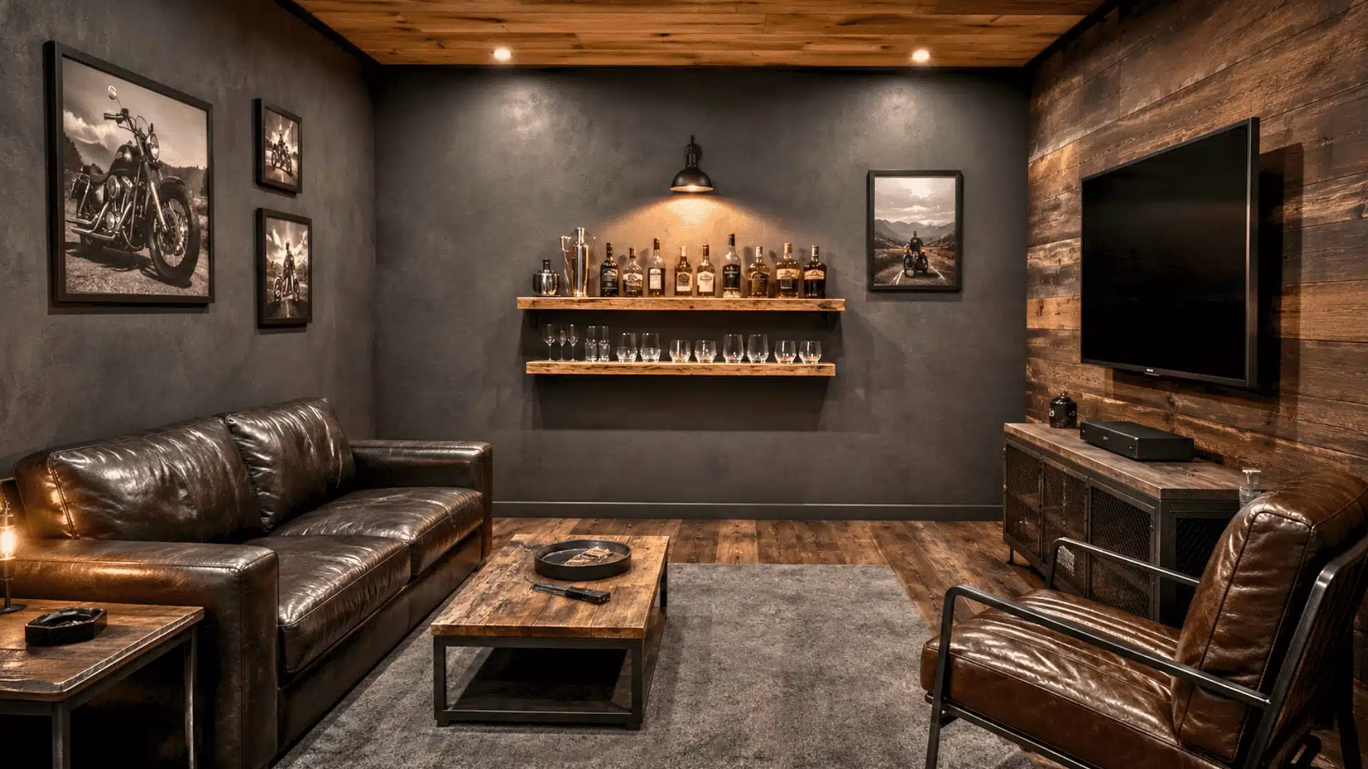 Full small man cave with a wall-mounted bar shelf, lower glass shelf while the floor below stays clear.