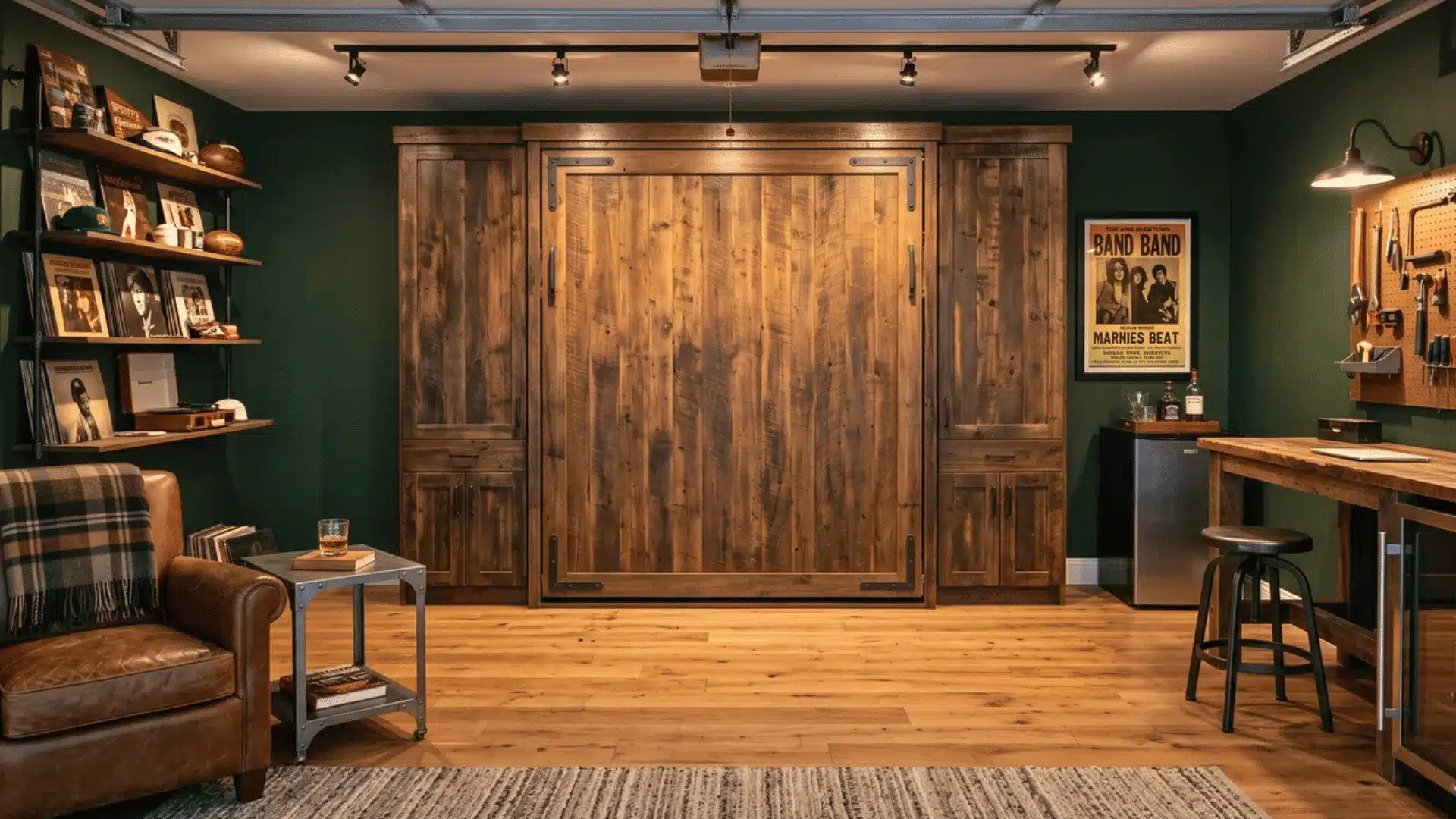 Full small man cave with a wall-mounted Murphy bed folded up and open floor space in front.