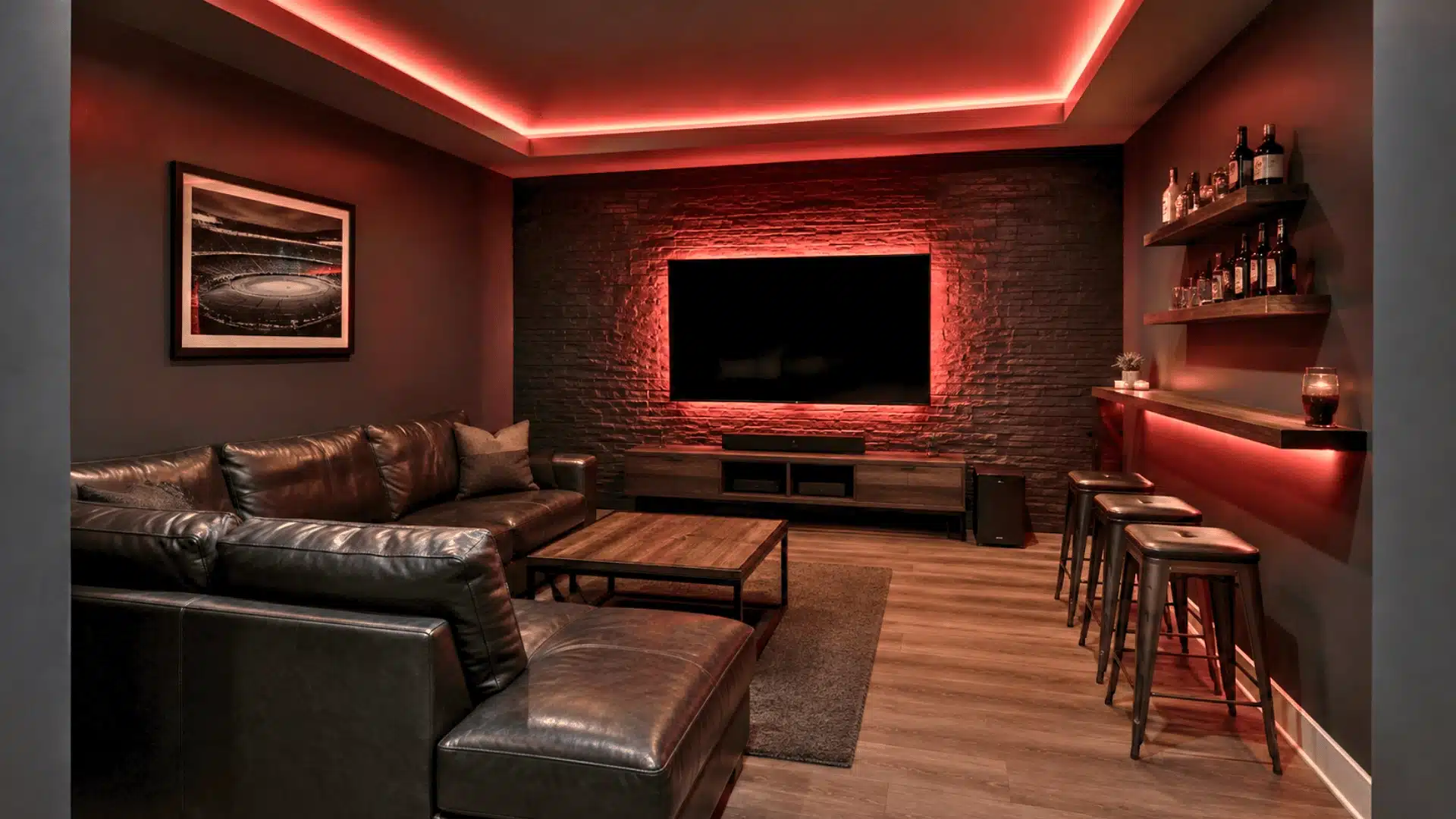 Full small room viewed from the entrance with app-controlled LED strips providing colored lighting.