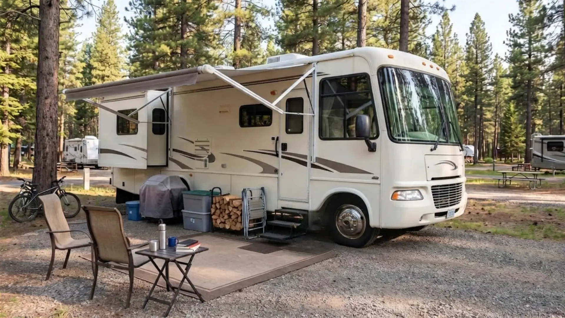RV parked at a campground with outdoor chairs, a table, and organized gear around the campsite