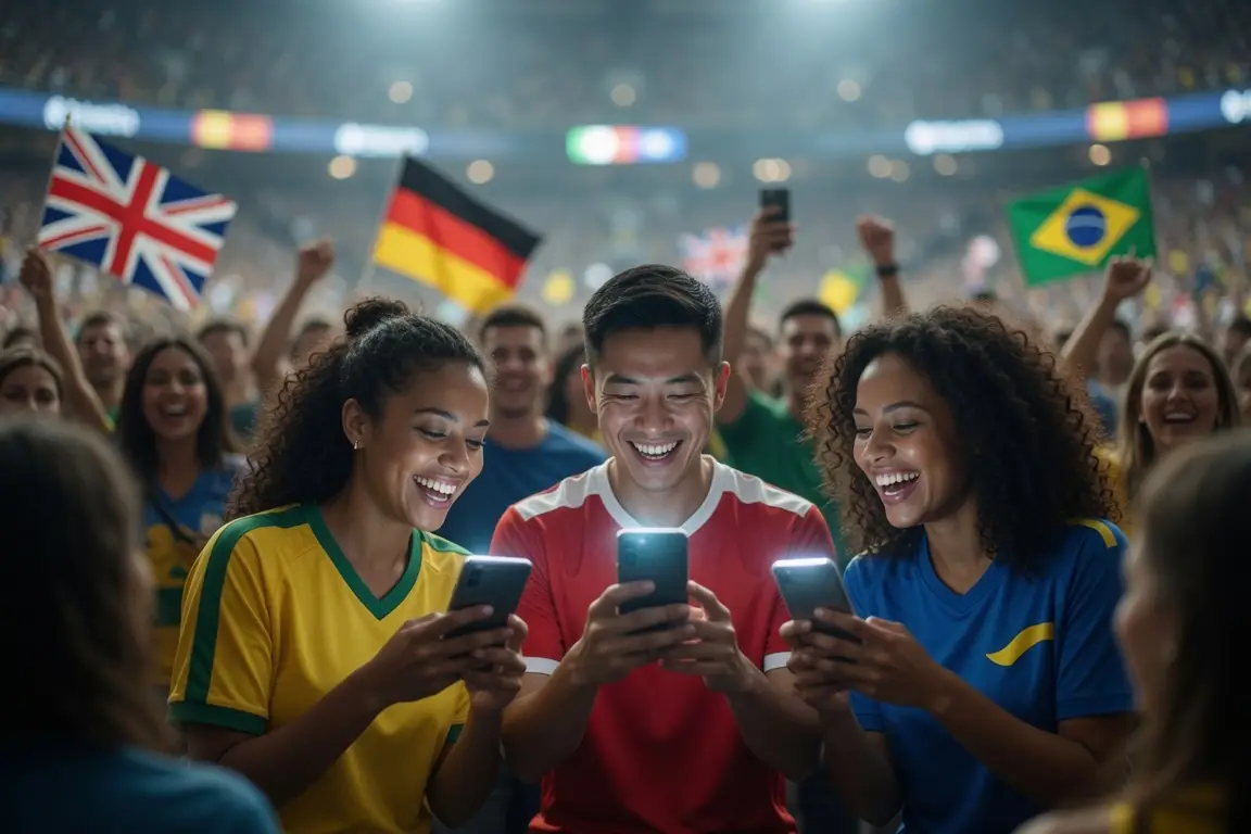 Spectators in colorful jerseys using smartphones at a lively sports event with flags in background