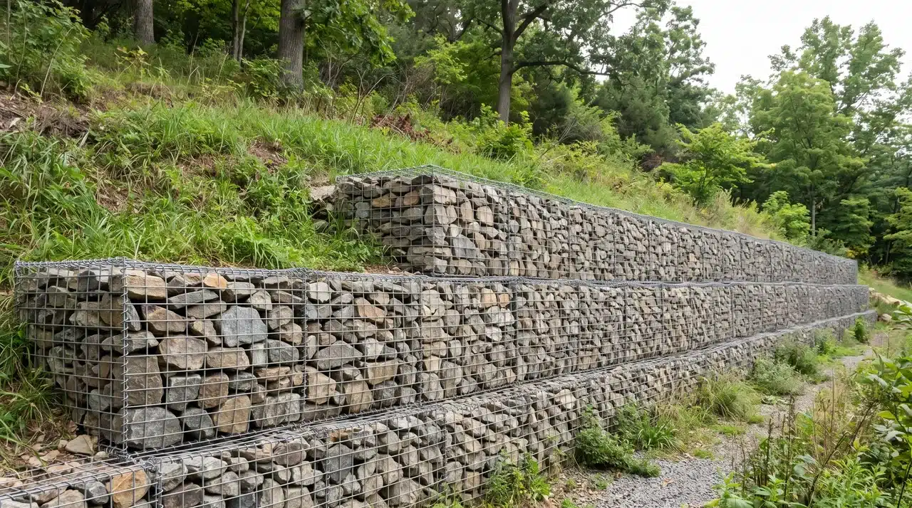 Gabion retaining wall made from wire cages filled with irregular stone