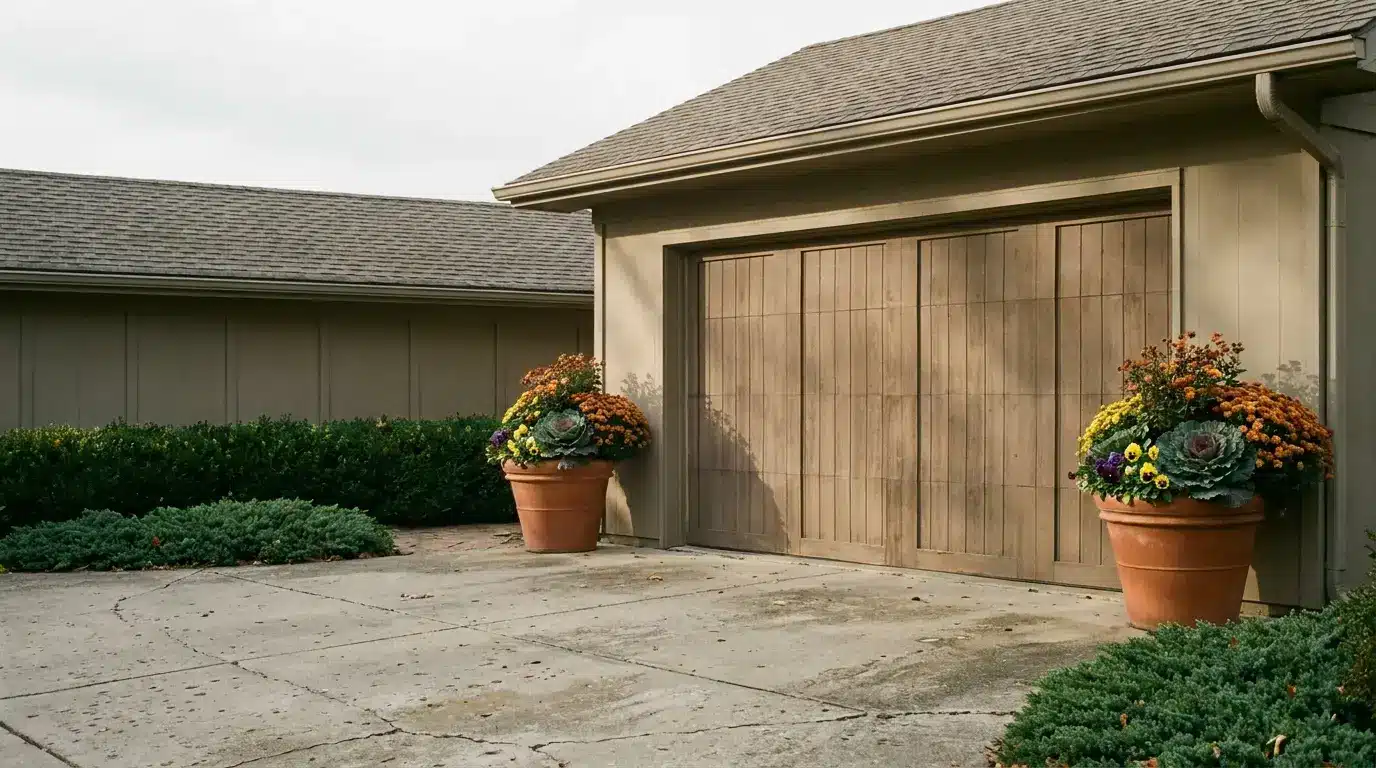 Tan garage with wooden doors flanked by large potted plants with colorful flowers