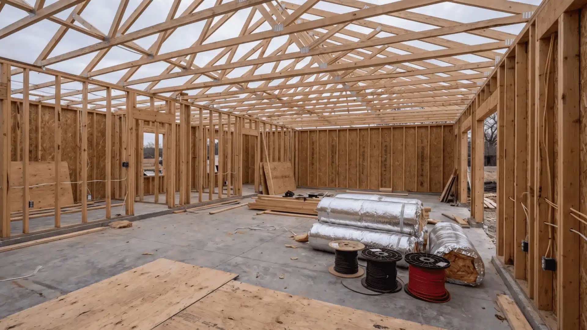Garage mid-construction with concrete slab, wall framing, wiring, and insulation rolls