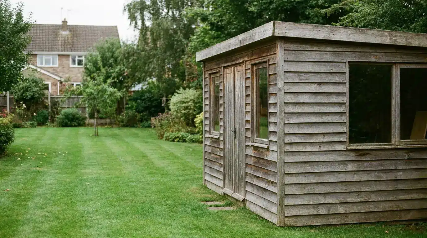 Wooden garden shed on a neatly mowed lawn with a house in the background