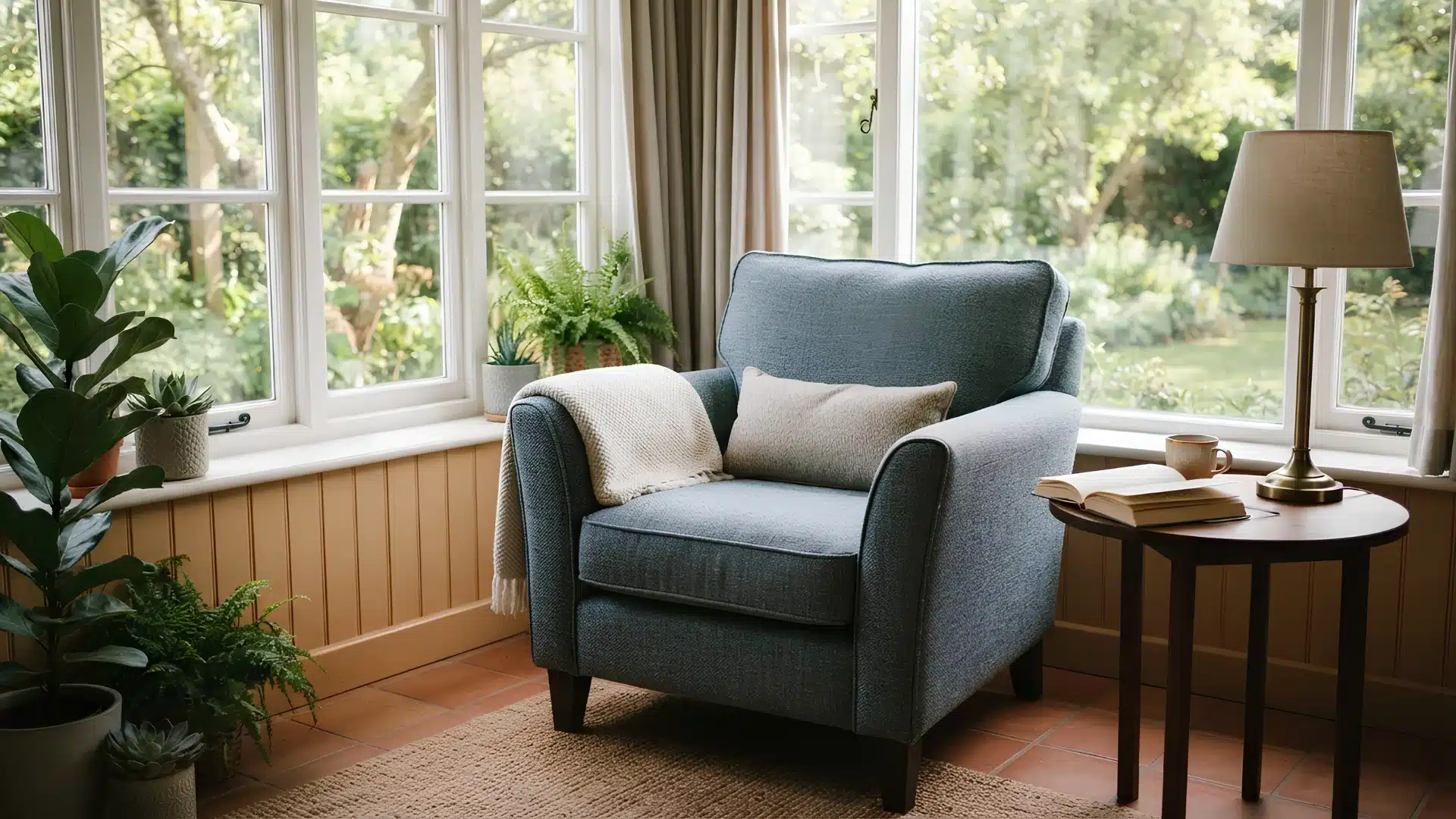 armchair with side table and lamp positioned facing a sunroom window