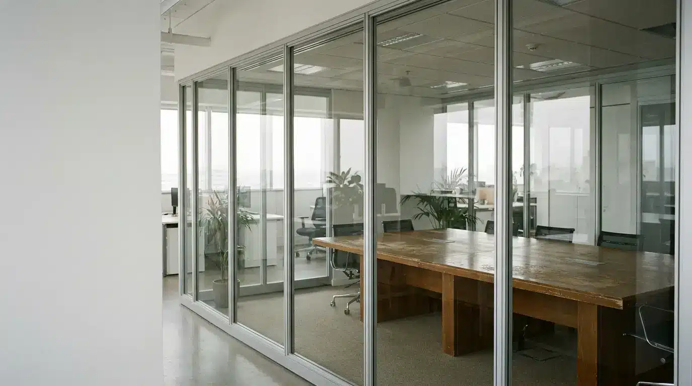 Modern office conference room with large wooden table and glass walls in a well-lit space