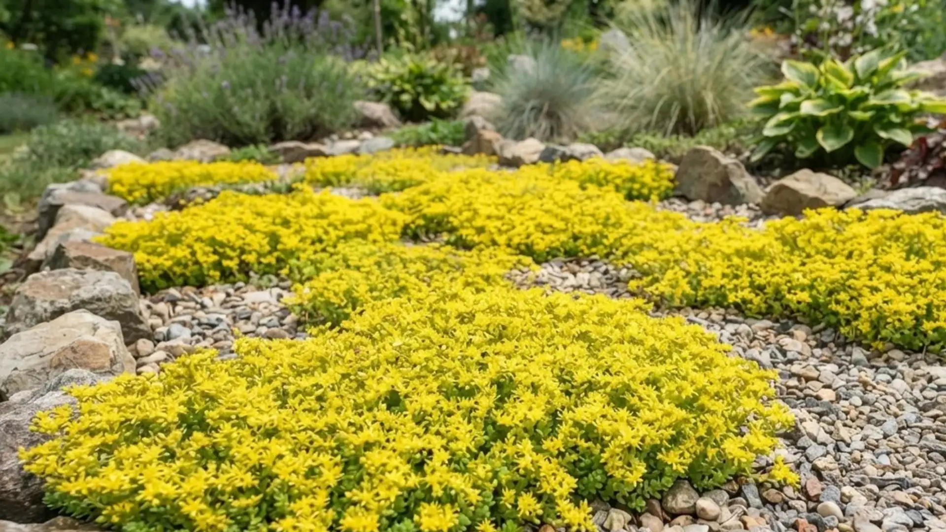 Goldmoss sedum patches with small yellow flowers spreading across a gravel garden bed