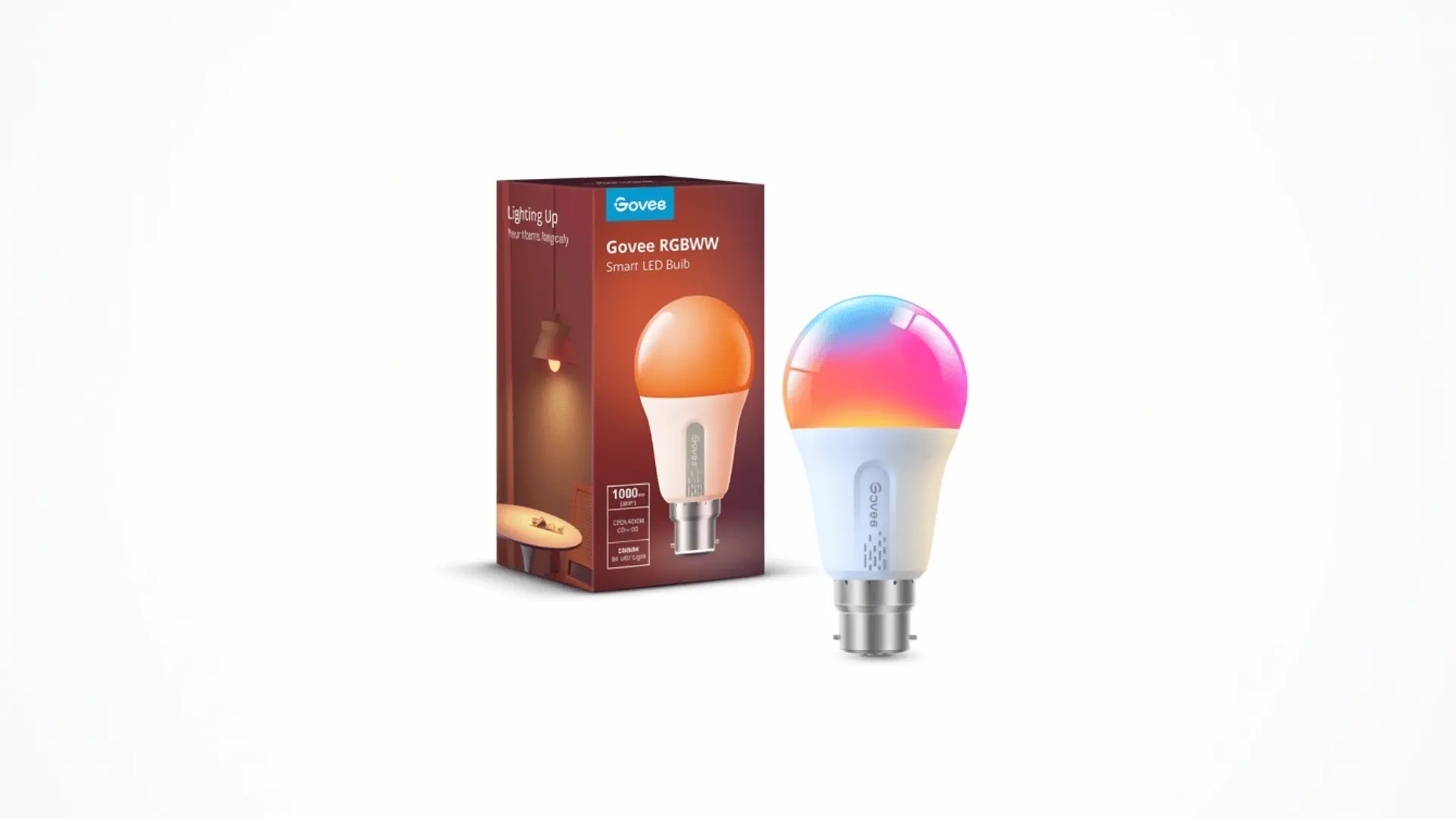Govee RGBWW smart LED bulb displaying multiple colors beside its retail box.