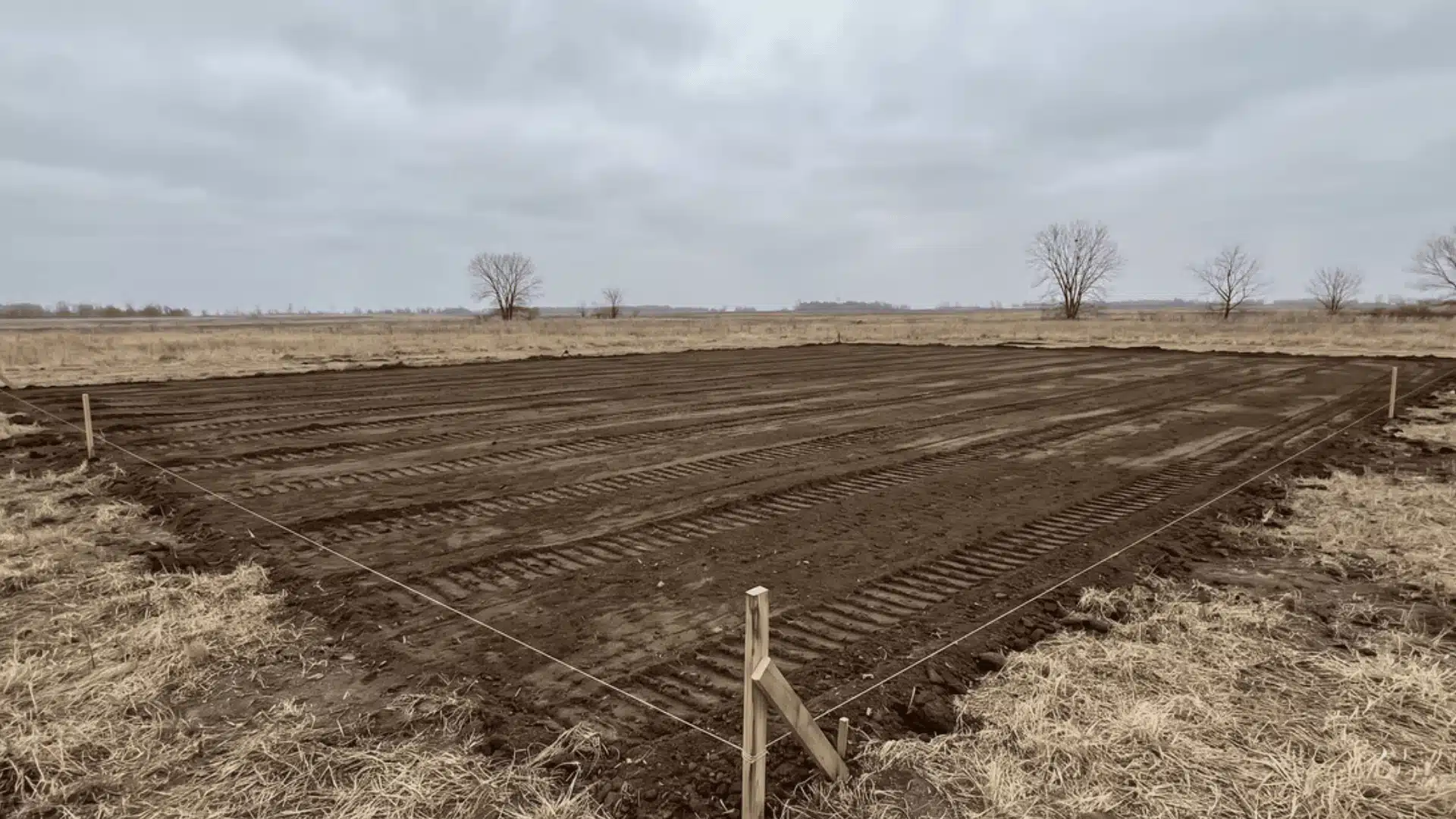 graded construction site with excavation tracks and perimeter stakes marking foundation area