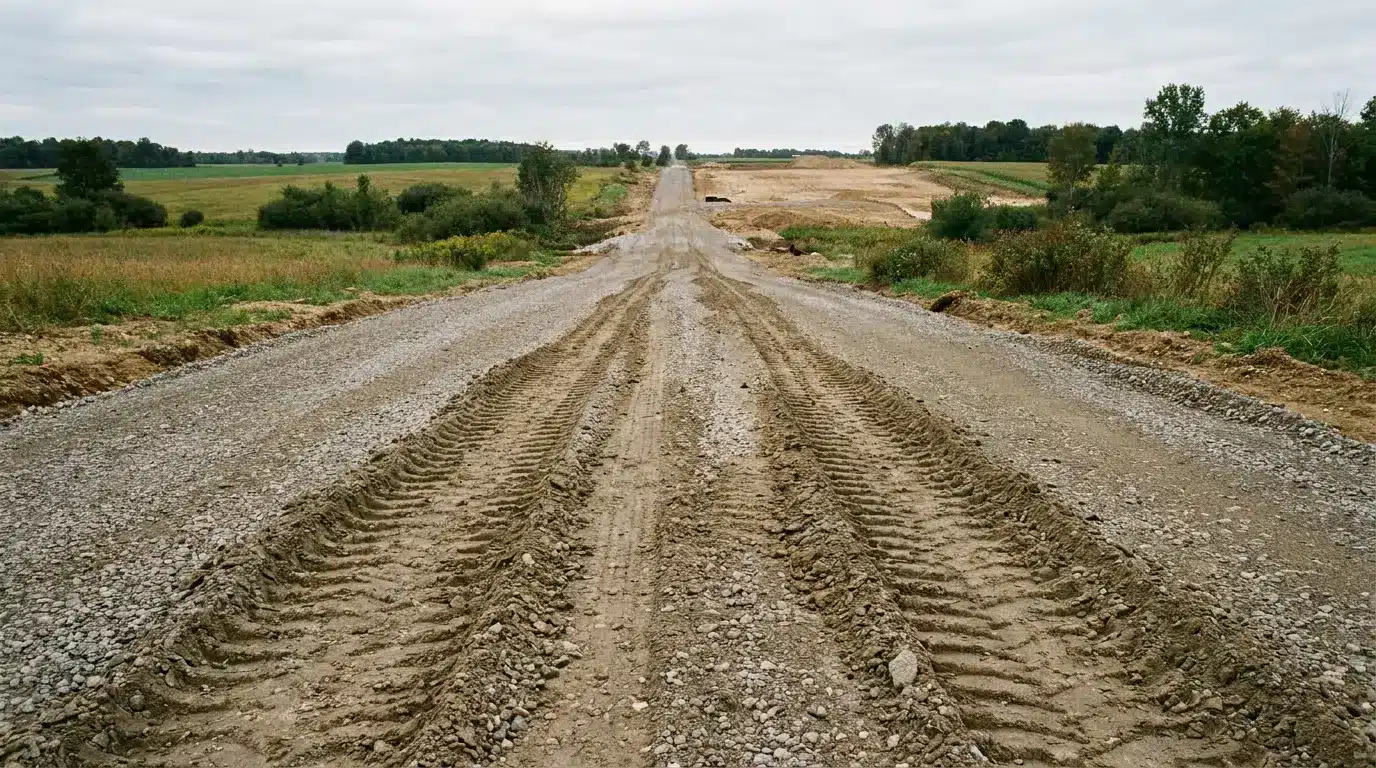 Gravel road under construction in rural landscape with green fields and overcast sky