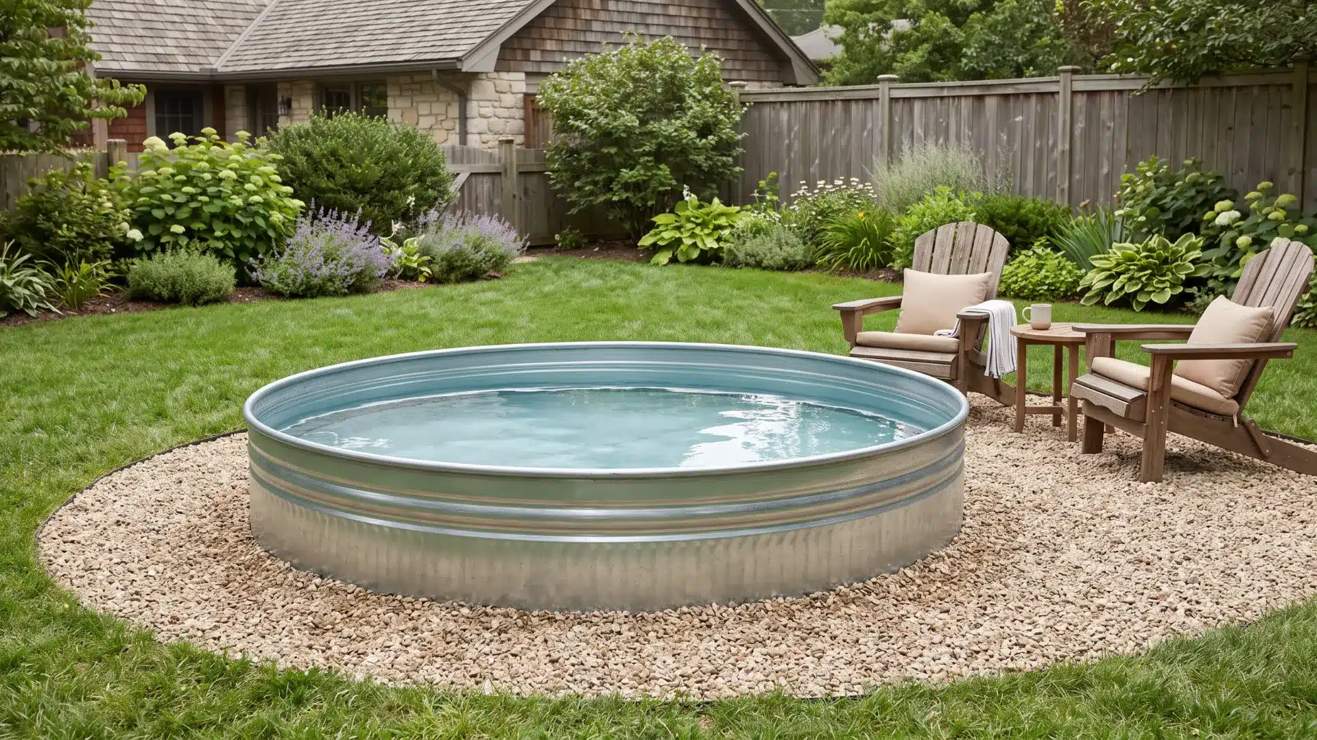 Half-sunken galvanized steel stock tank pool with a finished gravel border in a furnished backyard
