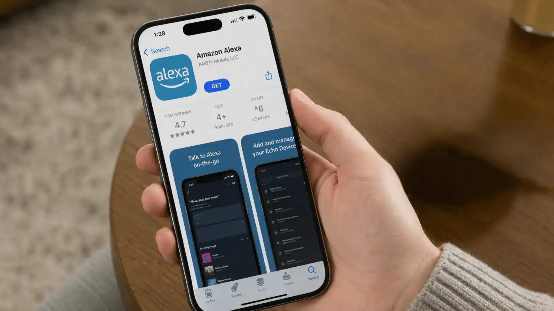 Hand holding a smartphone on the Amazon Alexa App Store page beside an Echo speaker