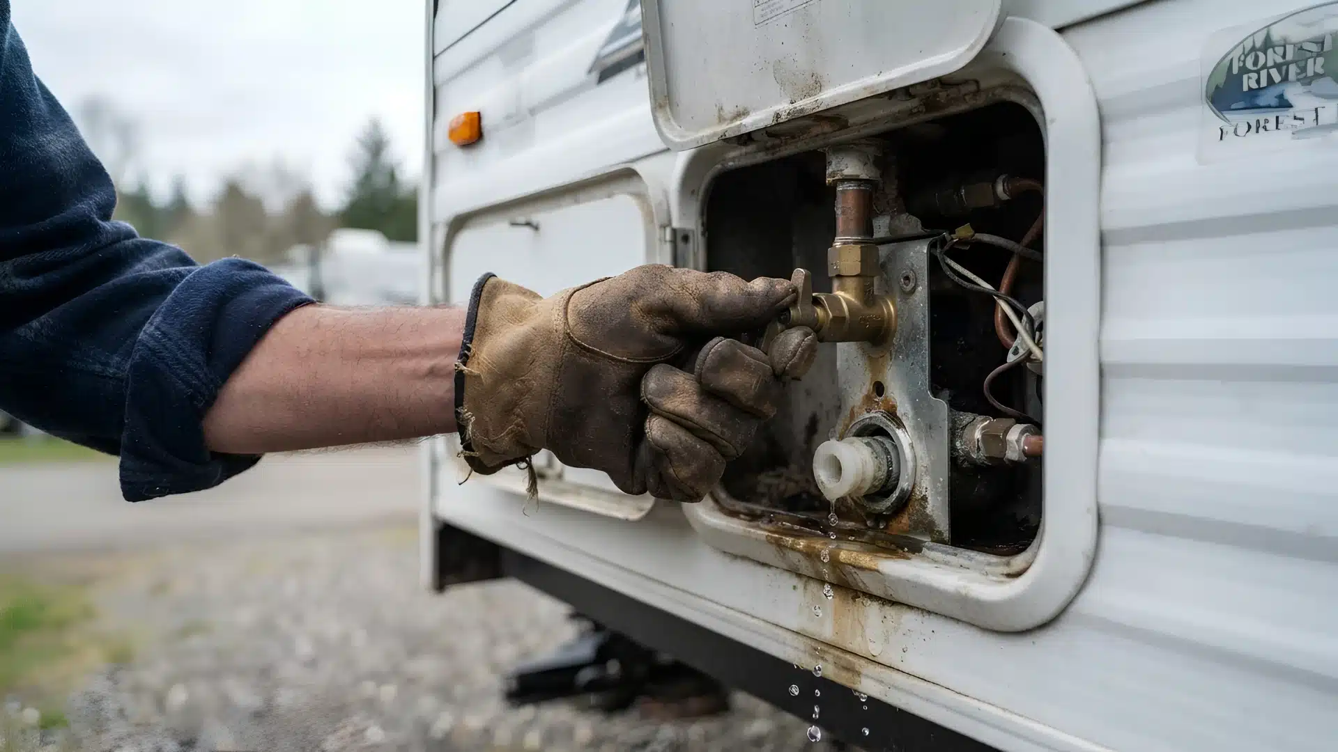 Hand in a work glove opening the pressure relief valve on an RV water heater.