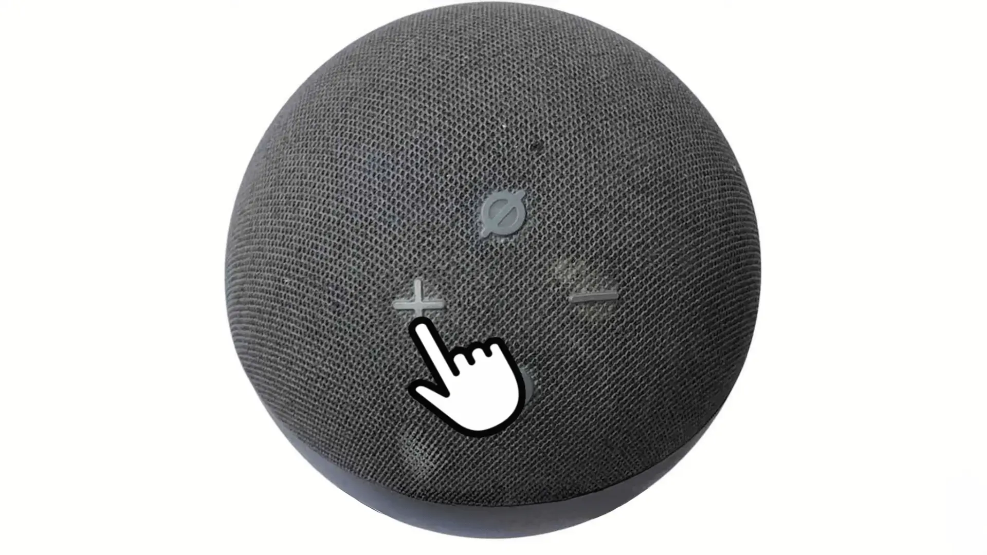 Hand pressing Alexa Echo volume up button to increase sound after low volume issues.
