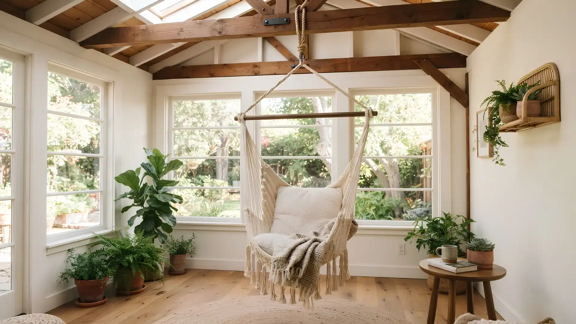 hammock chair hanging from a ceiling beam in a sunroom