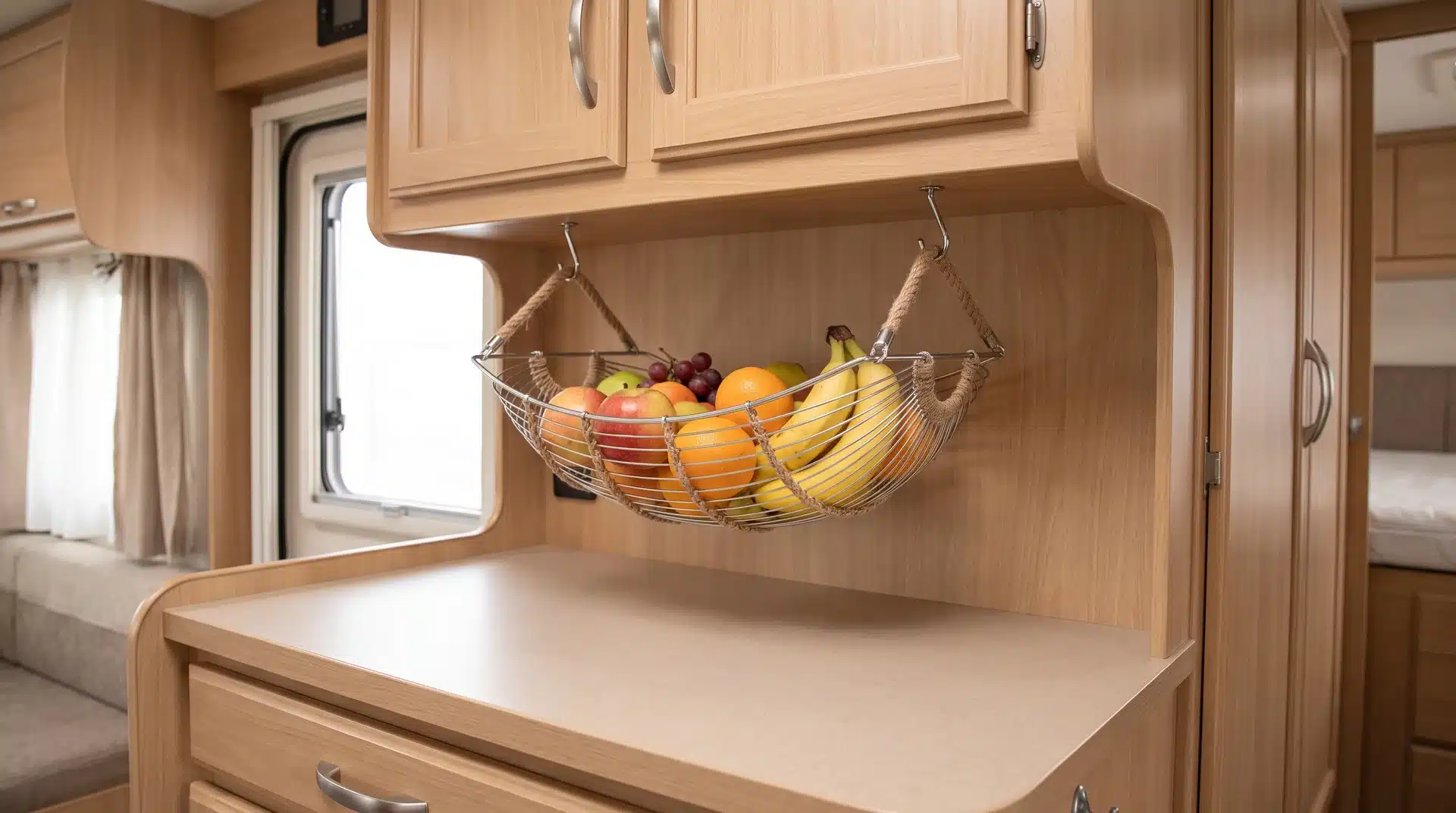 Hanging fruit basket beneath an upper cabinet in an RV kitchen