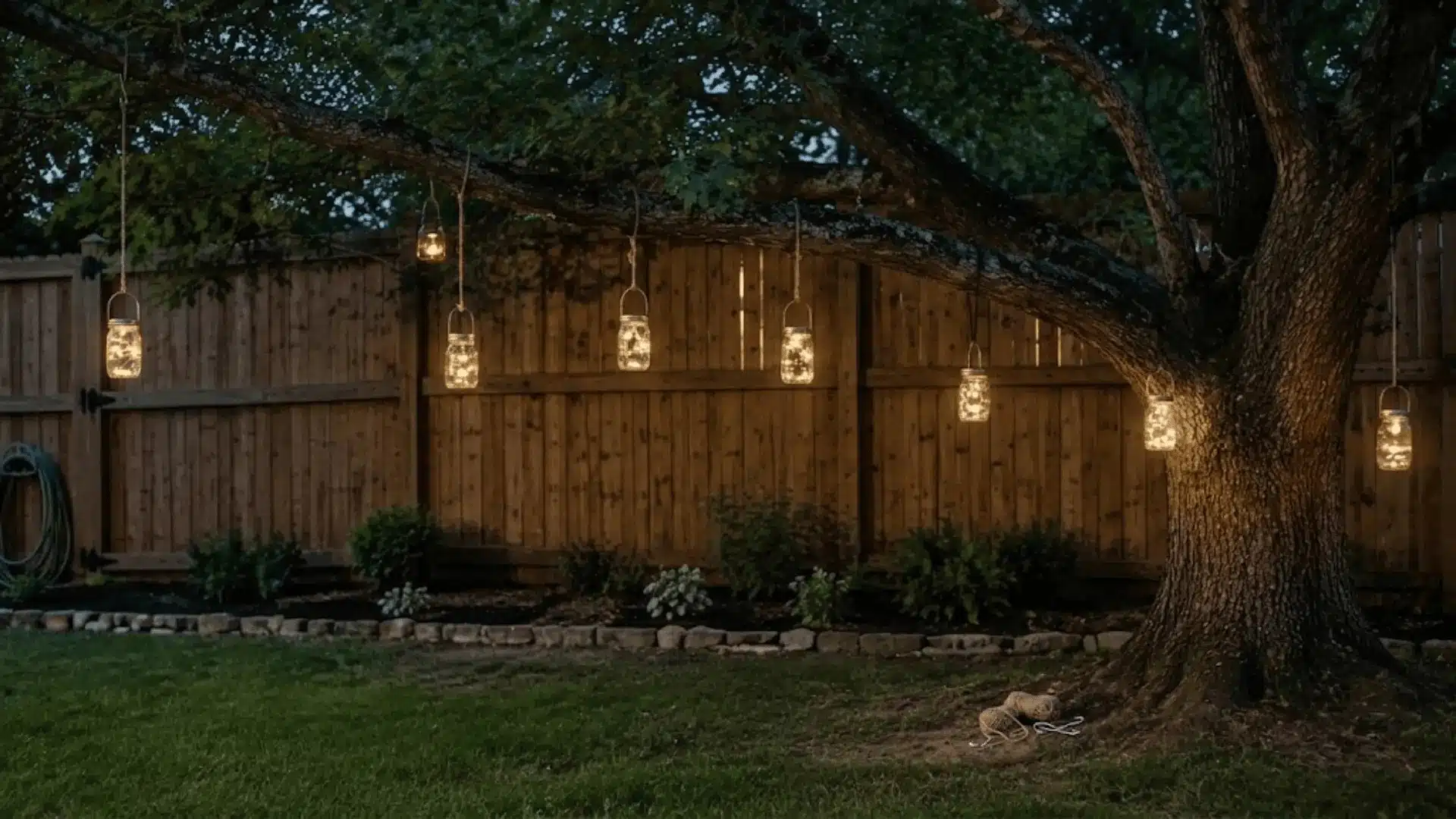 Hanging lantern lights on a tree branch beside a wooden fence at night