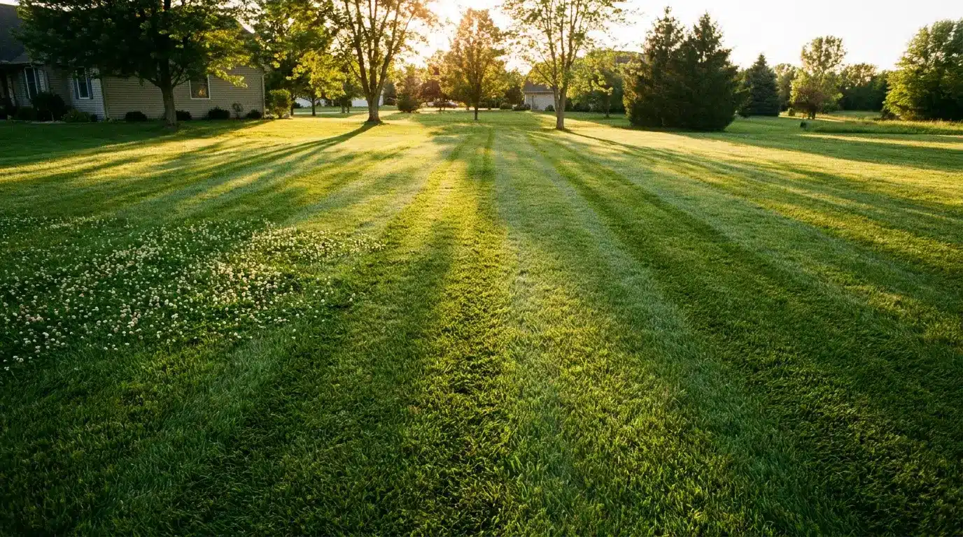 Sunlit lawn with trees casting long shadows in a spacious backyard setting