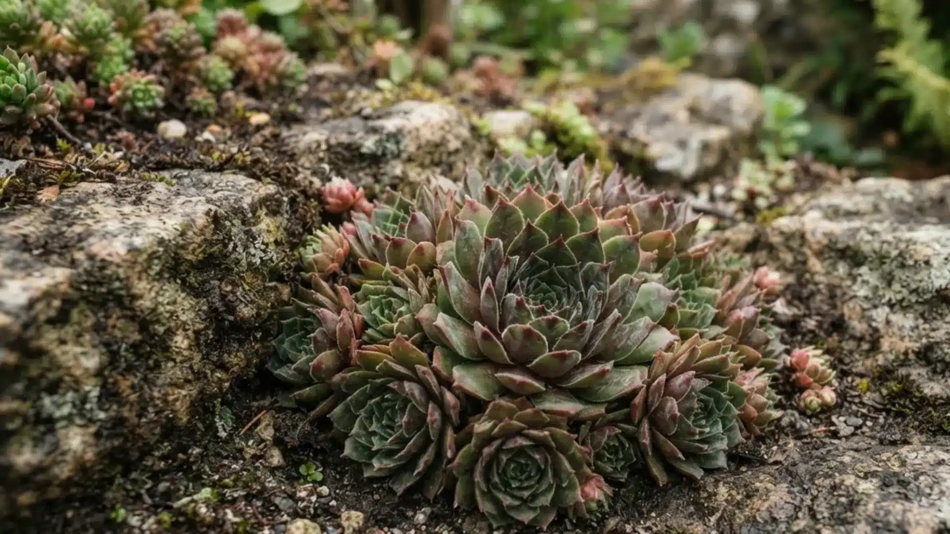 Hens and chicks succulent rosettes growing in soil pockets between rocks in a garden