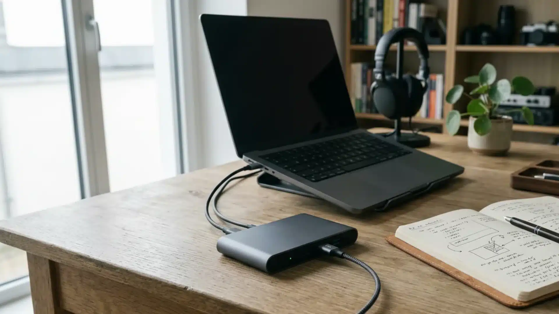 Smart hub device on a home office desk beside a laptop