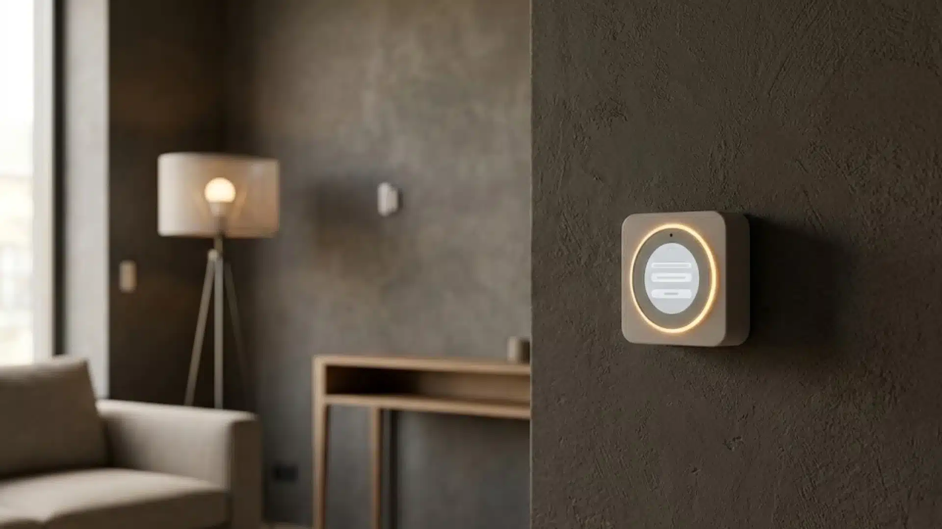 Wall-mounted smart home hub with screen in a modern living room