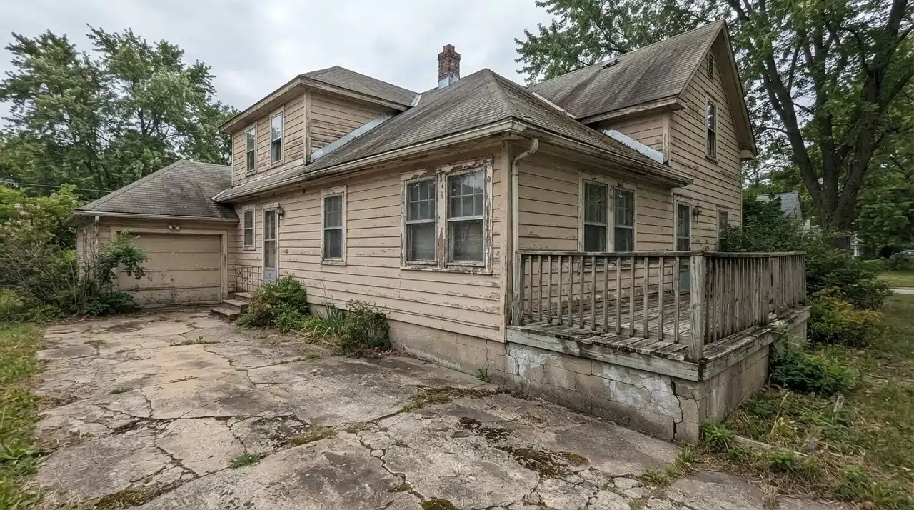 Home exterior with worn paint, window caulk, deck boards, roof materials, and driveway cracks