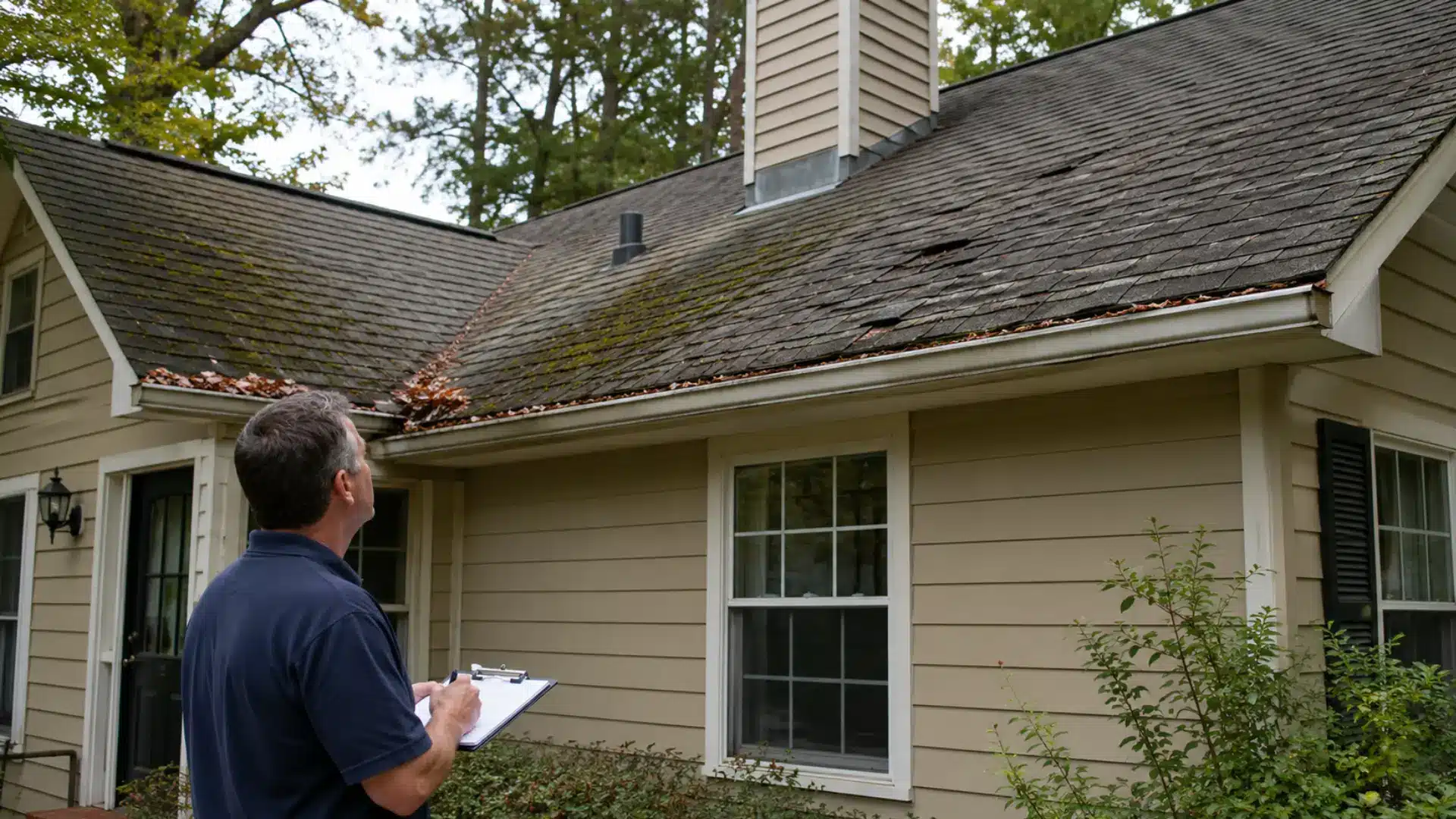 Home inspector checking worn shingles, moss, gutters, and roof flashing from ground level