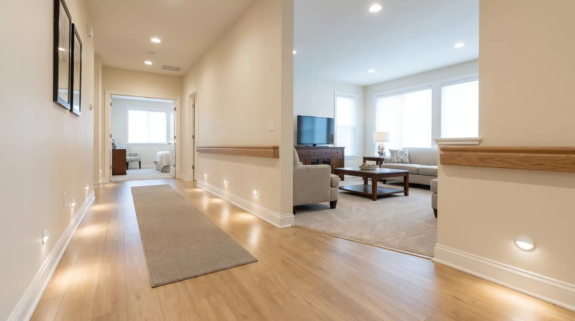 Home interior with clear walking paths and fall prevention features