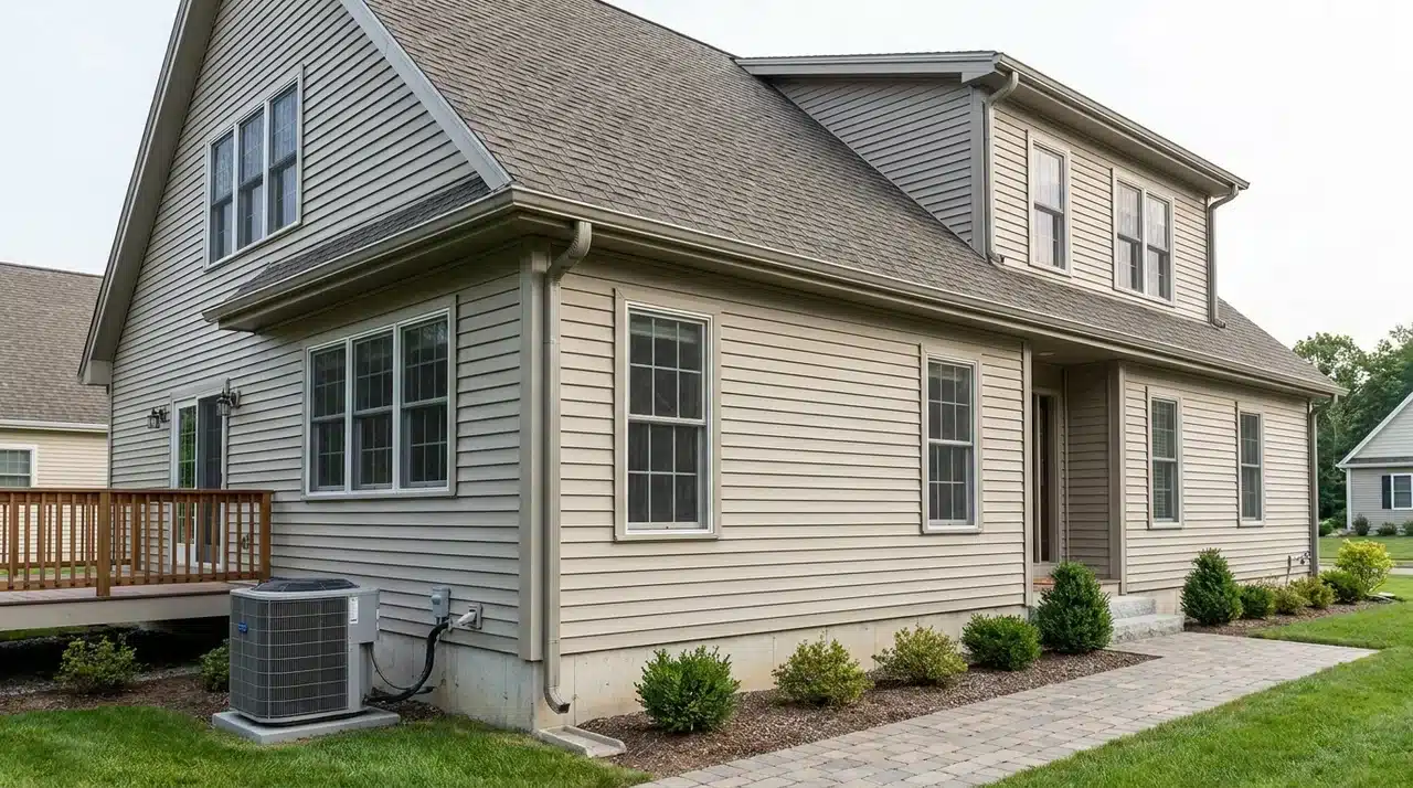 Home exterior with roof, gutters, siding, foundation, deck, walkway, and outdoor HVAC condenser