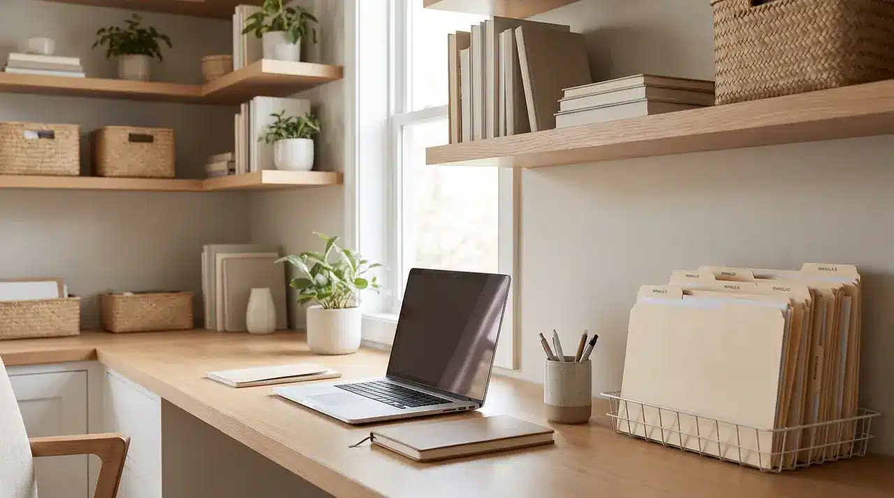 Organized home office with desk, laptop, files, shelves, and storage supplies