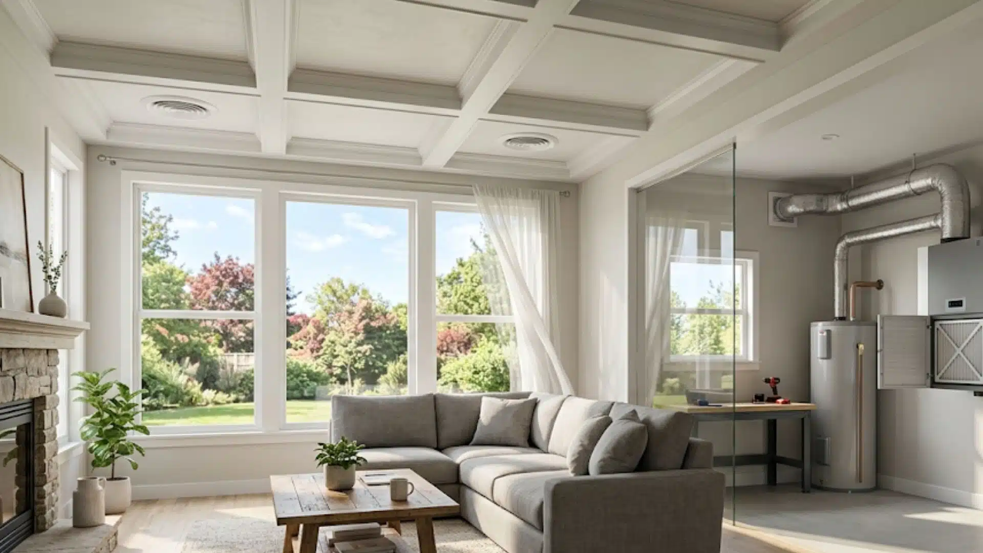 cozy American home, contrasting a sunlit living room with an efficient HRV/ERV ventilation system