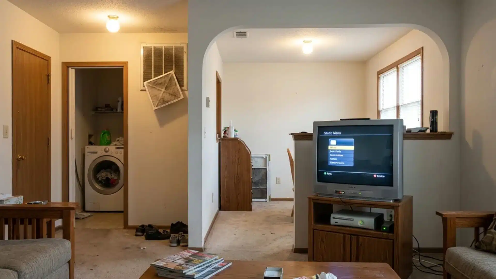 Home with lights on, standby electronics, a small laundry load and a dusty HVAC vent
