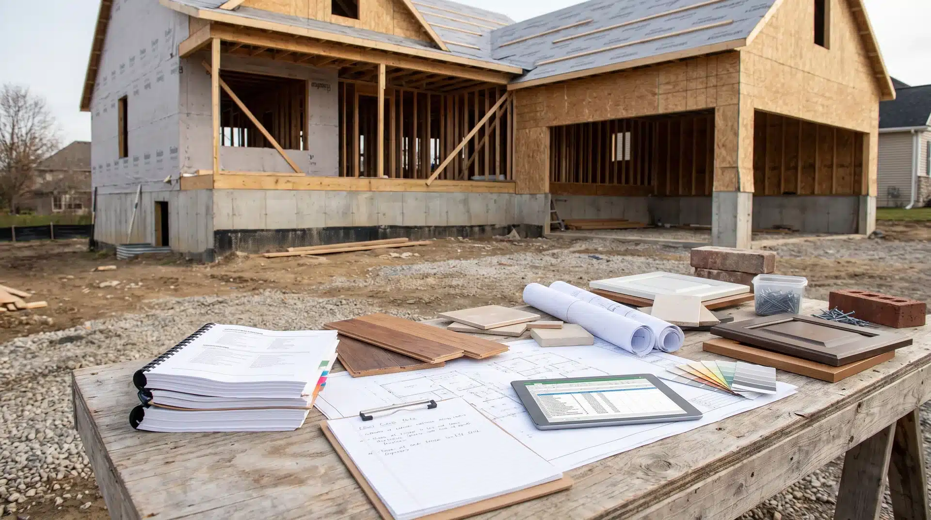 House construction cost breakdown with building materials and plans