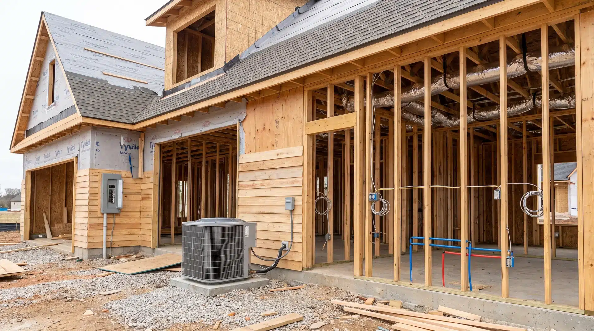 House under construction with roofing, HVAC, electrical, and plumbing systems