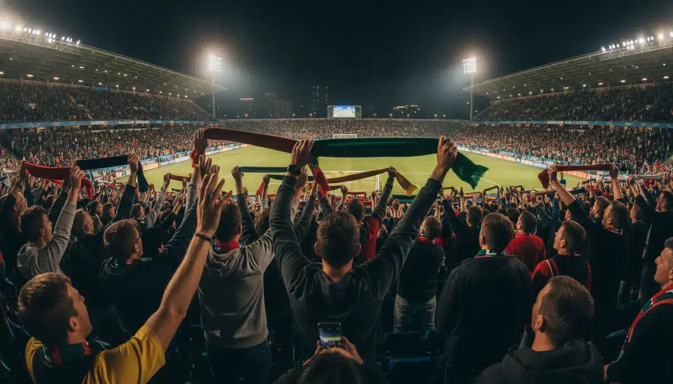 Football fans holding scarves in crowded stadium at night with bright floodlights