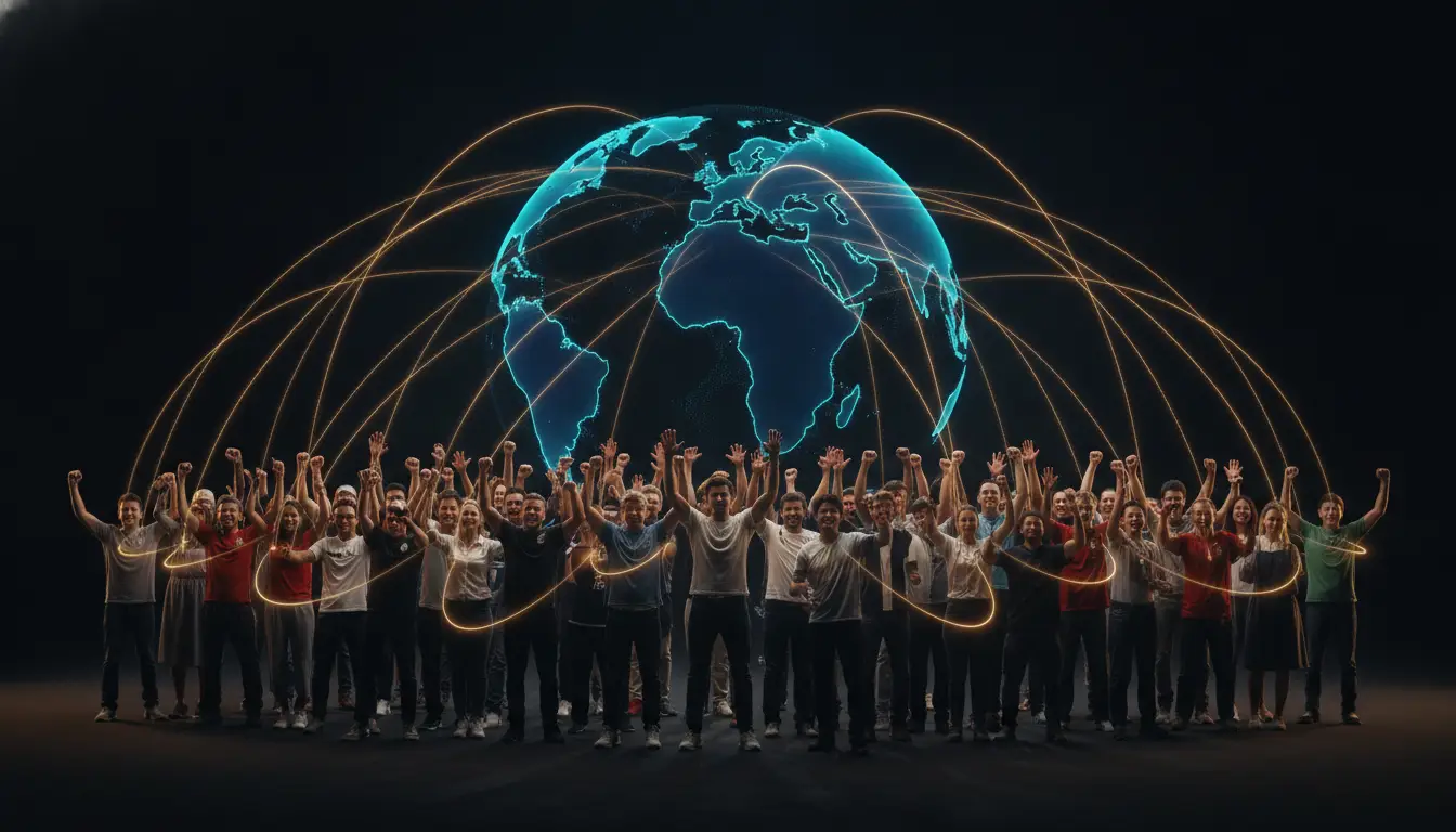 Diverse group of people celebrating under illuminated globe connections in dark setting