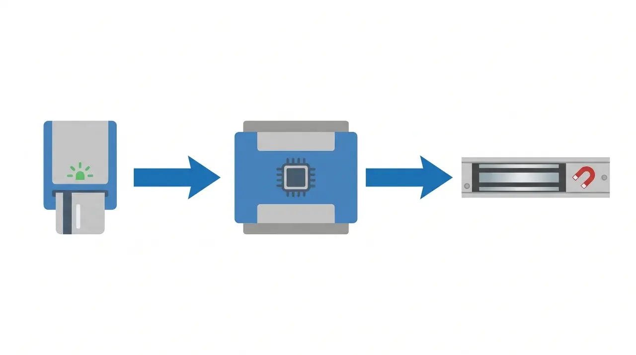 Flat diagram of a card reader, controller, and lock connected by signal arrows