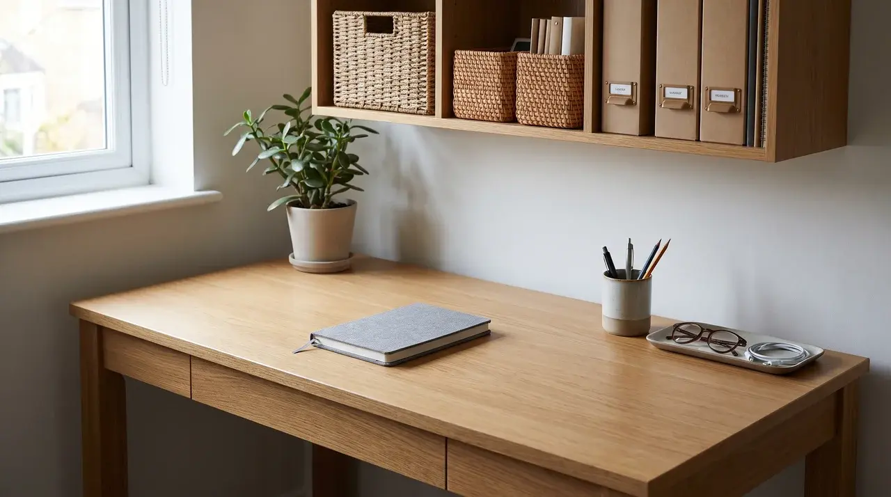 Home office desk with organized supplies and clear workspace surface