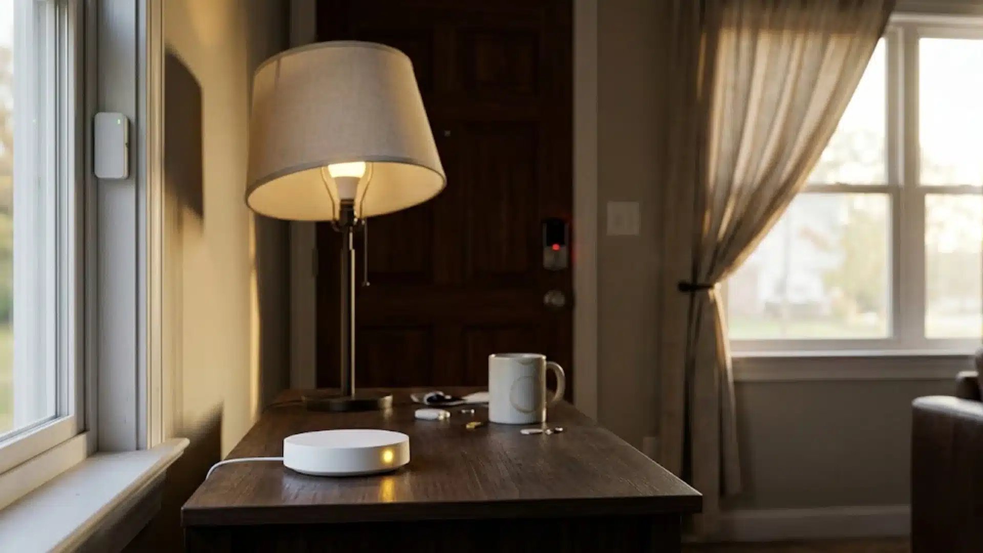 Smart hub glowing beside a lamp door lock and window sensor