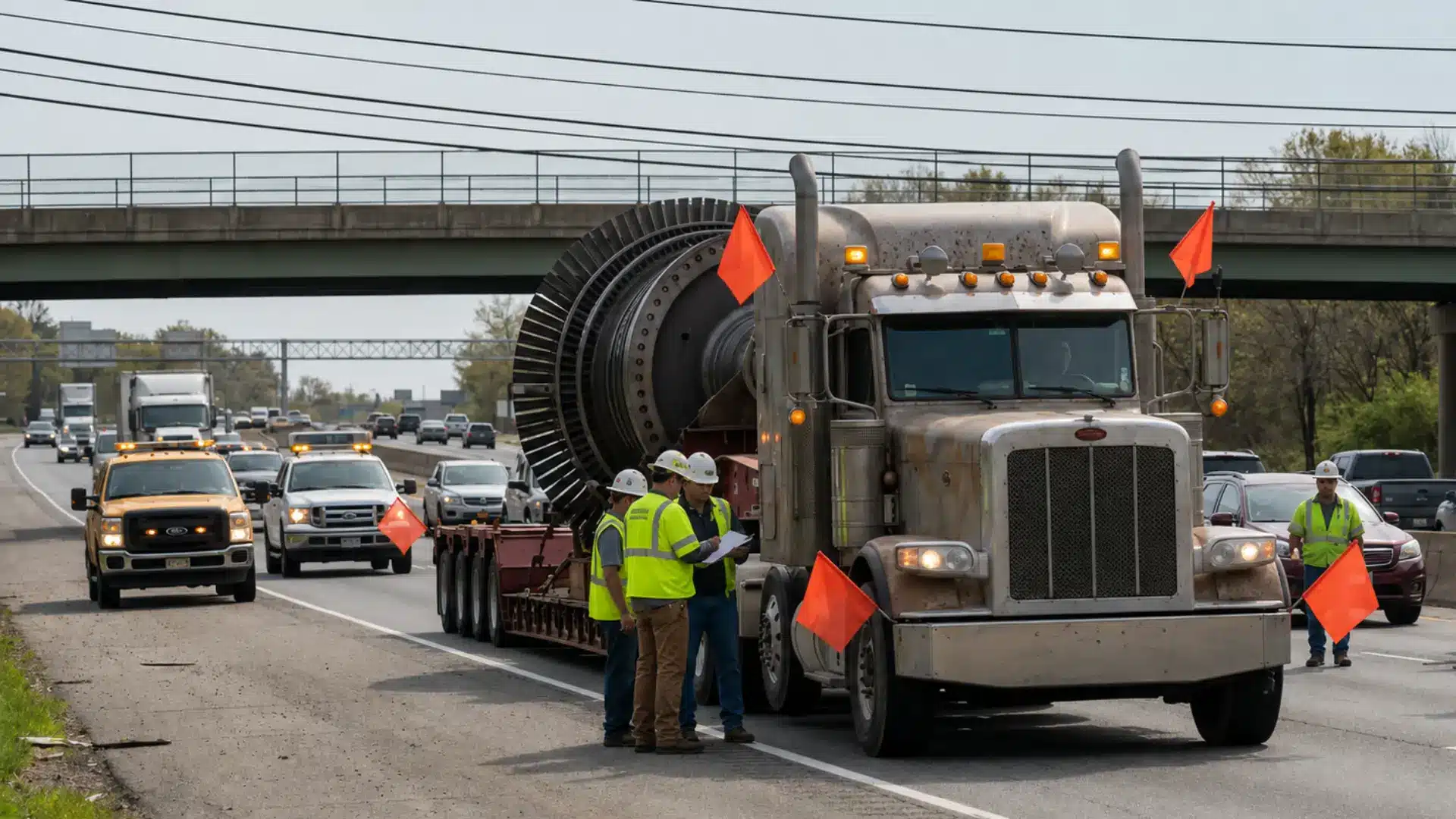 Oversized industrial truck escorted by road crews and pilot vehicles on a highway