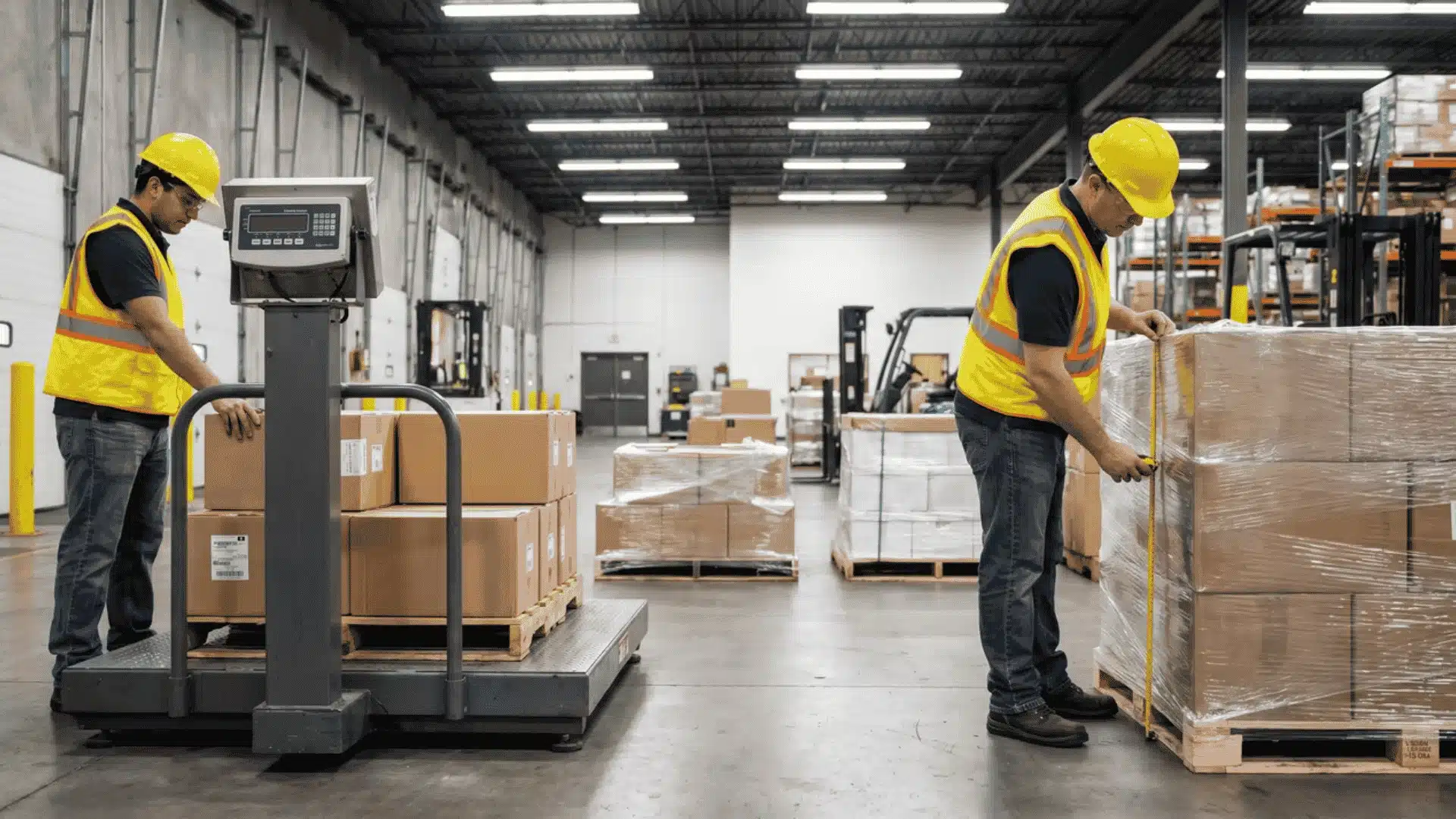 Workers weighing and measuring palletized LTL freight in a warehouse for accurate classification.