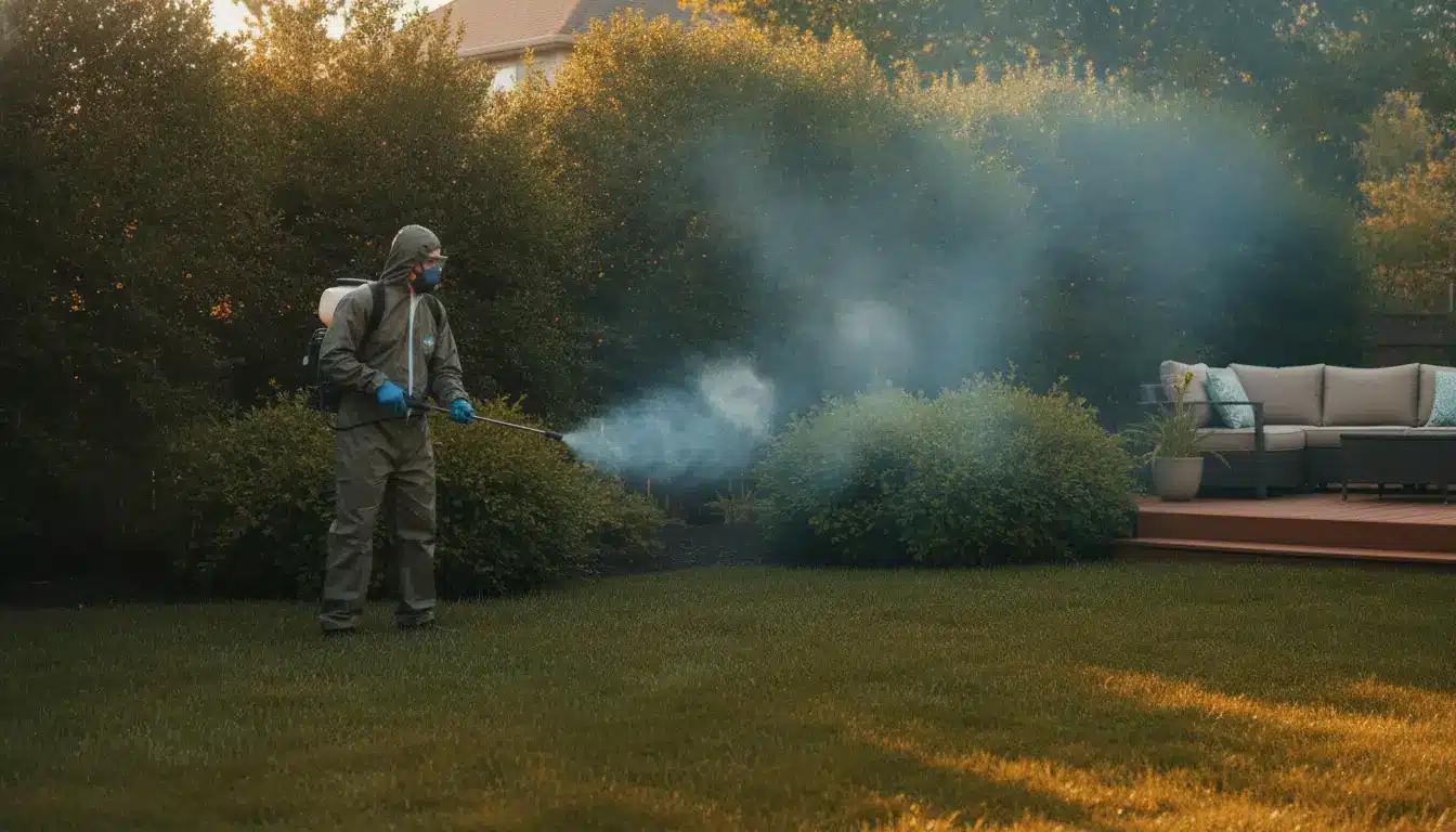 Person in protective gear spraying pesticide on lawn in sunny backyard setting