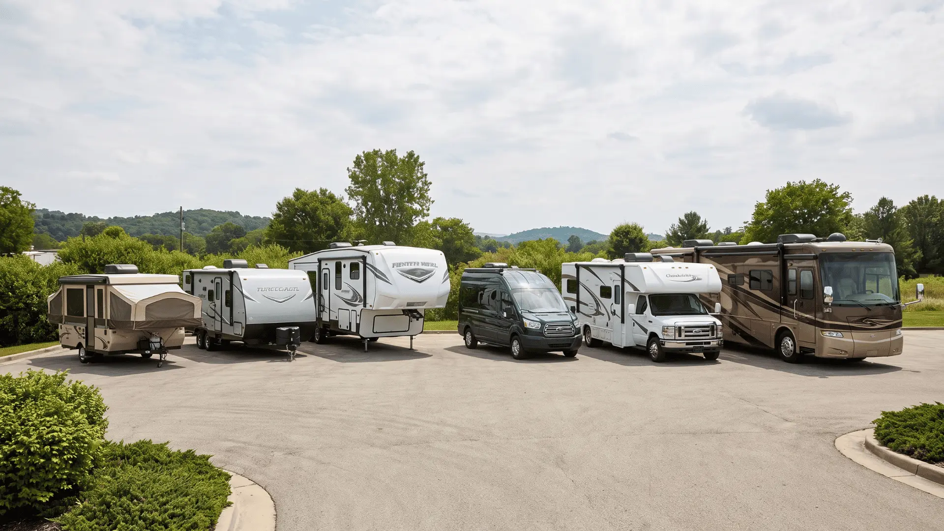 Different RV types lined up outdoors, from a folding camper to a large Class A motorhome.