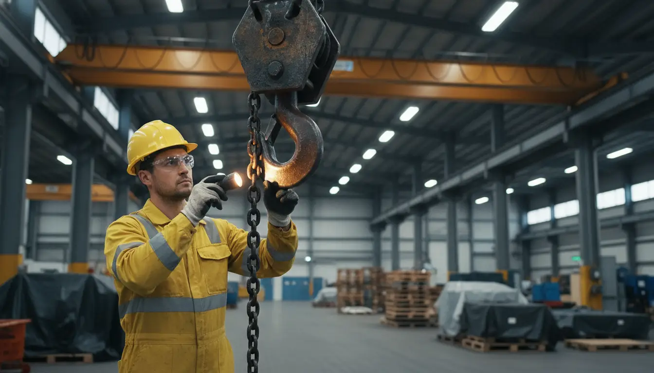 Worker in safety gear inspecting large metal hook in industrial warehouse setting