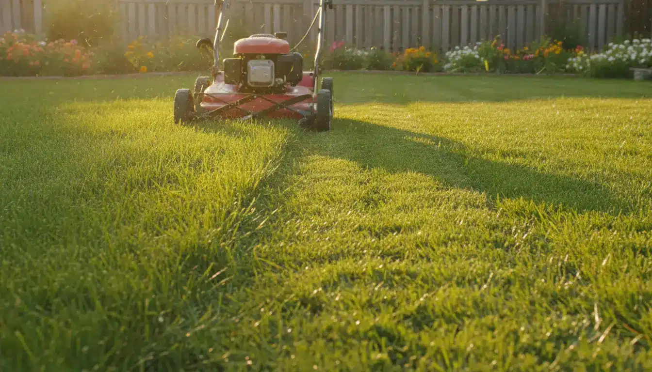Lawn mower cutting grass in sunny garden with blooming flowers in background
